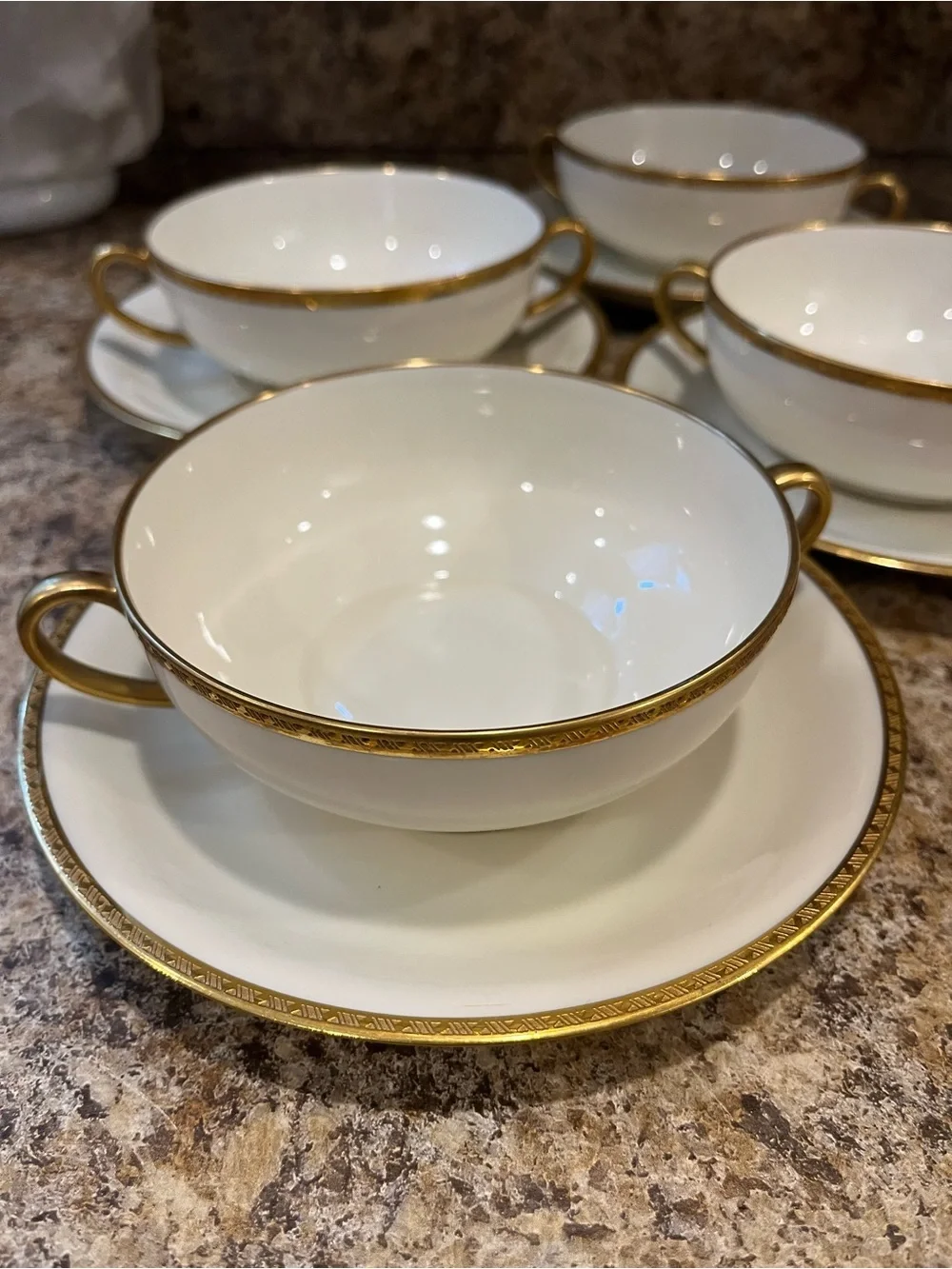 Black Knight Cream and Gold Trimmed Double-Handled Soup Cups with Saucers